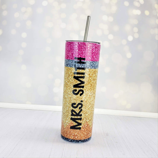 Printed glitter pencil custom teacher name tumbler - permanent print sublimation - 20 oz hot tumbler with straw Candy Wrapper Store