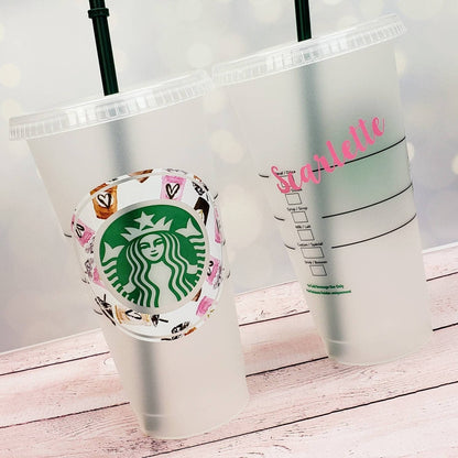 Printed Pattern Decal on Starbucks 24 oz Venti Reusable Cold Cup with Custom Name Vinyl Decal on Back Candy Wrapper Store