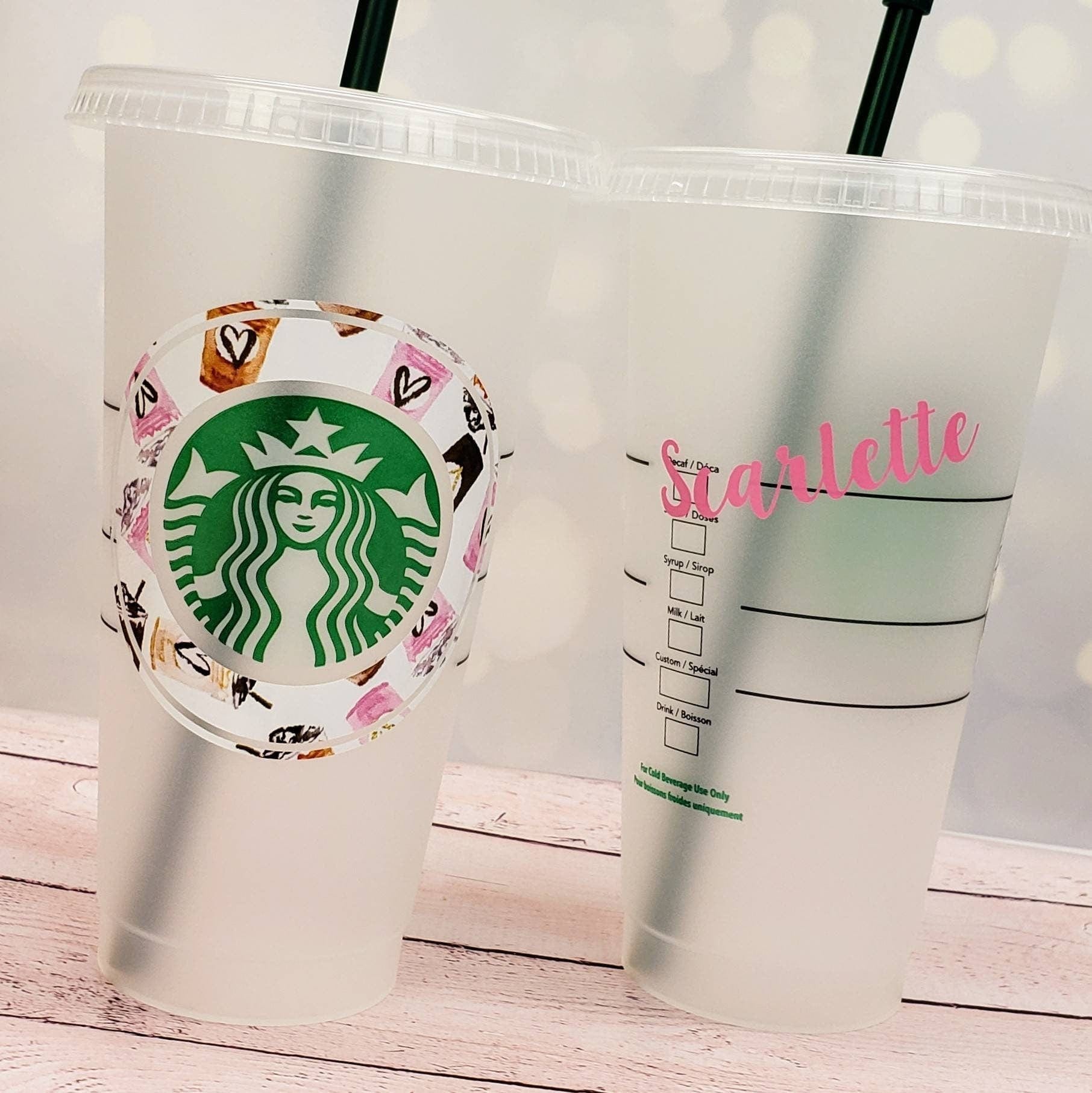 Printed Pattern Decal on Starbucks 24 oz Venti Reusable Cold Cup with Custom Name Vinyl Decal on Back Candy Wrapper Store