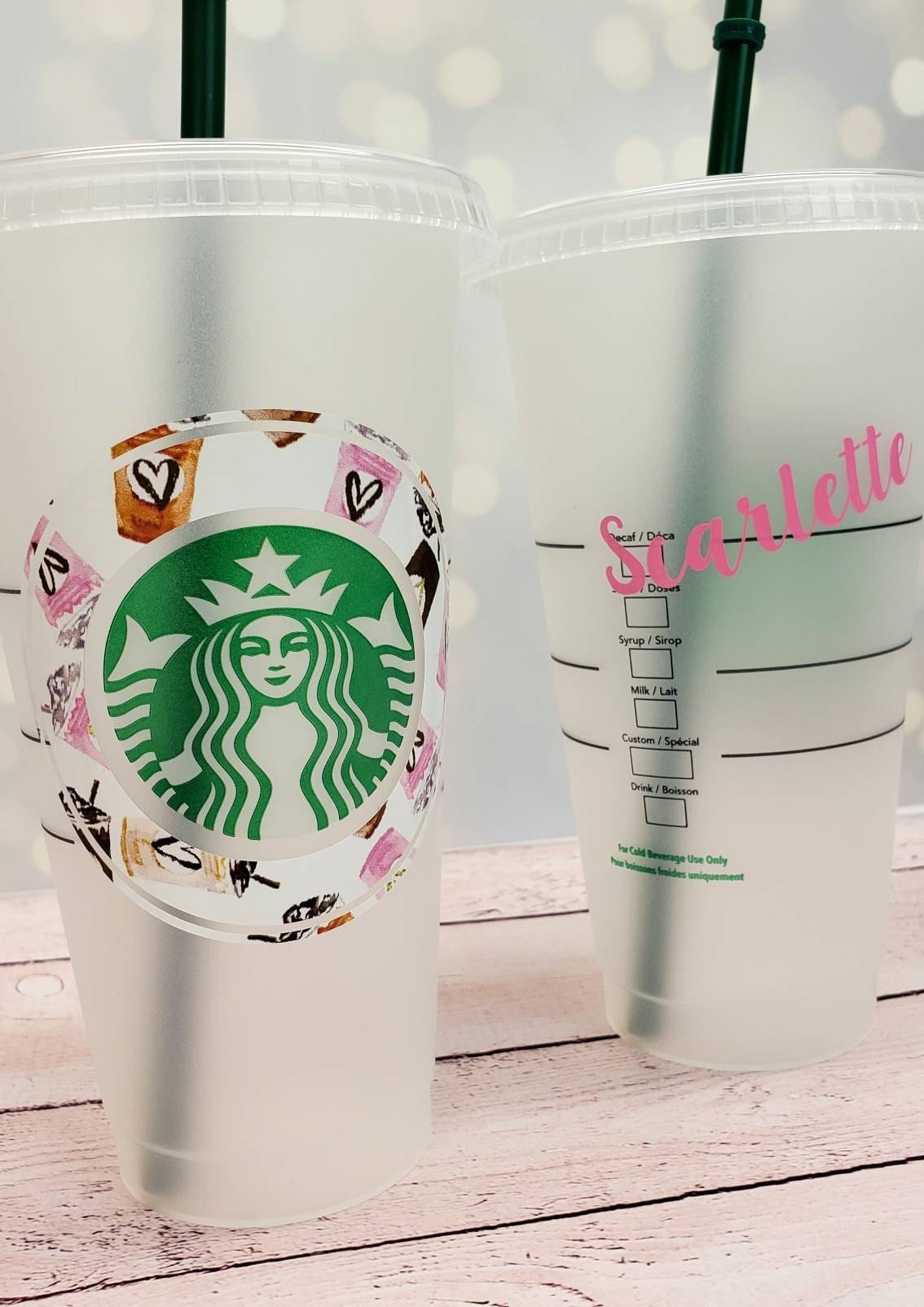 Printed Pattern Decal on Starbucks 24 oz Venti Reusable Cold Cup with Custom Name Vinyl Decal on Back Candy Wrapper Store