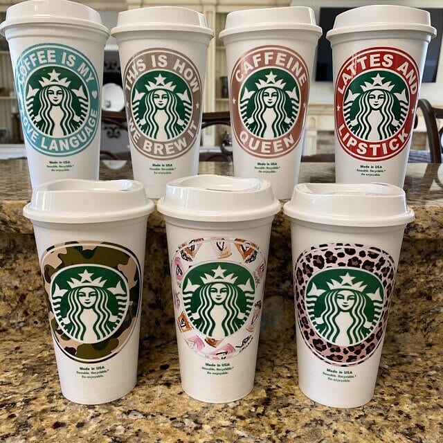 Printed Pattern Decal on Starbucks 24 oz Venti Reusable Cold Cup with Custom Name Vinyl Decal on Back Candy Wrapper Store