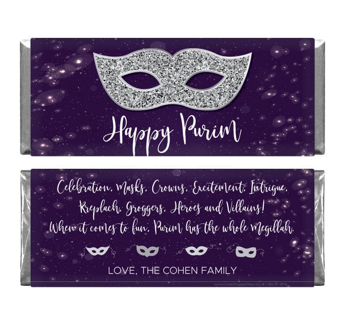 Purim Silver Glitter Mask Personalized Candy Bar Wrapper Candy Wrappers purim200