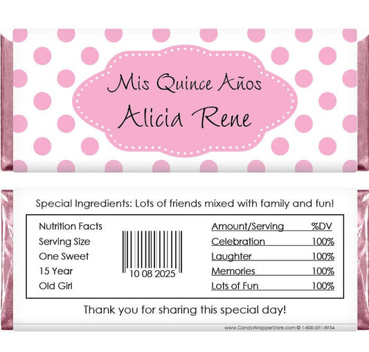 QUIN203 - Quinceanera Pink Dots Candy Bar Wrappers Quinceanera Pink Dots Candy Bar Wrappers Candy Wrapper Store