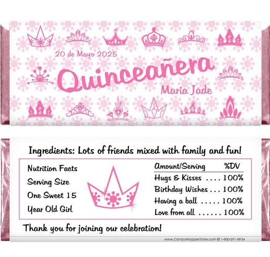 QUIN205 - Quinceanera Pink Princess Crowns Candy Bar Wrappers Quinceanera Pink Princess Crowns Candy Bar Wrappers Candy Wrapper Store