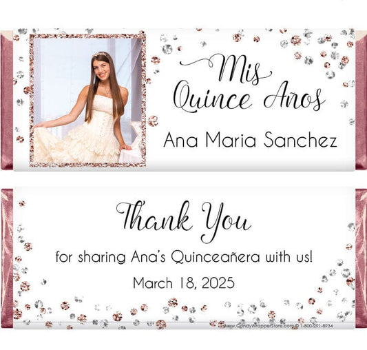 QUIN213 - Silver and Rose Gold Glitter Photo Quinceanera Candy Bar Wrappers Silver and Rose Gold Glitter Photo Quinceanera Candy Bar Wrappers Party Favors Candy Wrapper Store