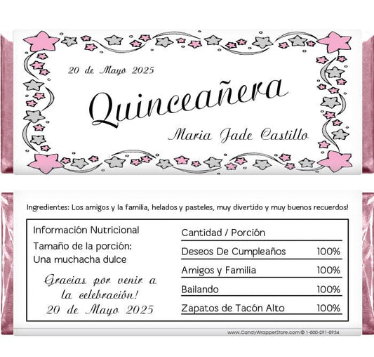 QUIN240 - Quinceanera Pink and Silver Stars Candy Bar Wrappers Quinceanera Pink and Silver Stars Candy Bar Wrappers Candy Wrapper Store