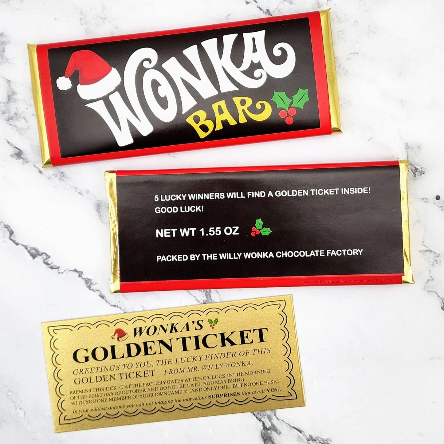 Santa Hat Wonka Bar Christmas Candy Wrapper and Golden Tickets Party Favors wonka
