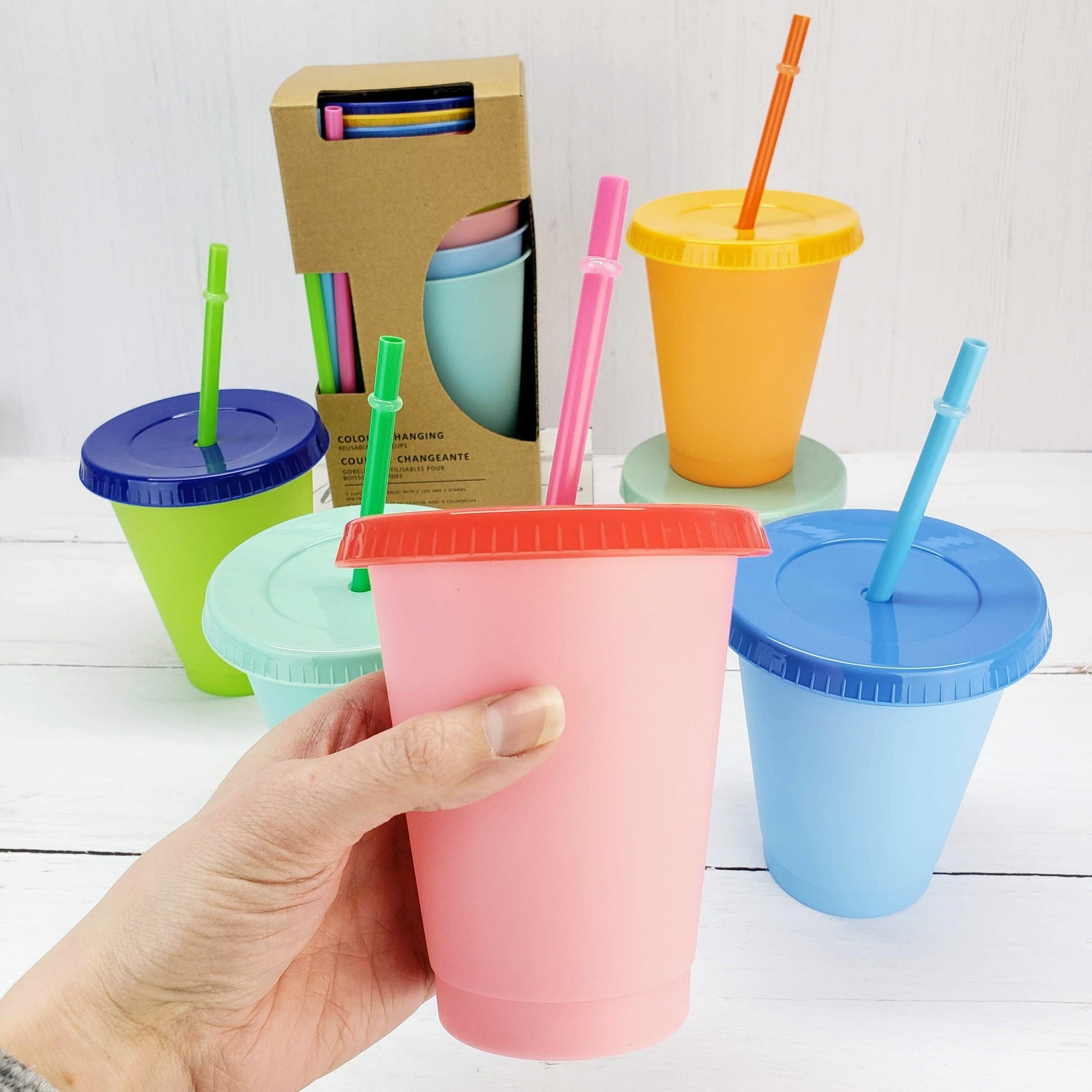 Set of 5 Color Changing Kids Cups with Colored Straws - 16oz Mini Cups Candy Wrapper Store