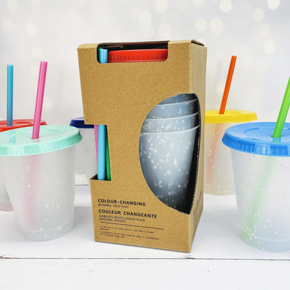 Set of 5 Confetti Color Changing Kids Cups with Colored Lids and Straws - 16oz Mini Cups Candy Wrapper Store