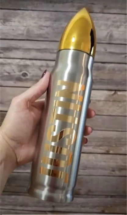 Silver Bullet Tumbler with Personalized Name in Gold Chrome Mugs Shelton Shirts