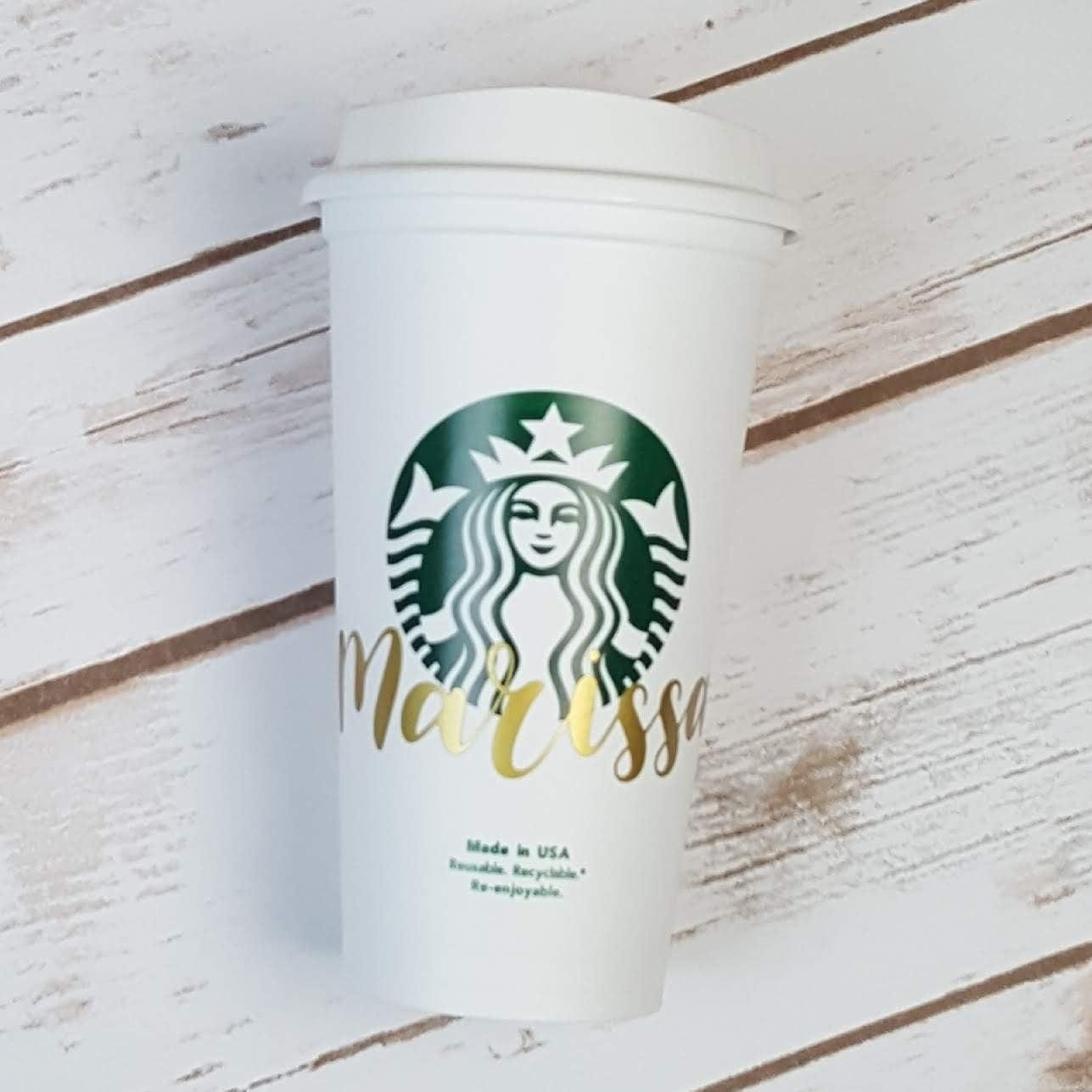 Starbucks Gold Script Name Bridal Party Custom Decal - Vinyl Decal on Authentic Starbucks Reusable Cup Candy Wrapper Store