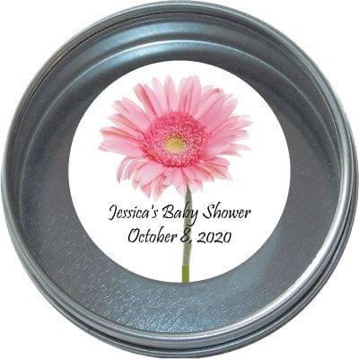 TBS14 - Baby Shower Tins - Set of 24 Pink Gerbera Daisy Baby Shower Tins Birth Announcement Candy Wrapper Store