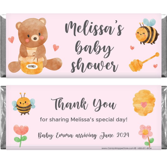 Teddy Bear with Honey Pot Baby Shower Candy Bar Wrappers - BS360pink Teddy Bear with Honey Pot Baby Shower Candy Bar Wrappers Birth Announcement Candy Wrapper Store