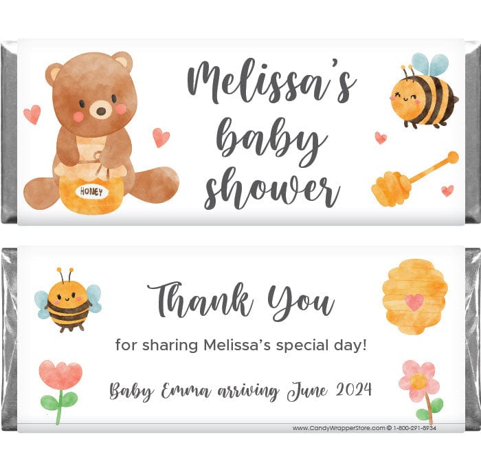 Teddy Bear with Honey Pot Baby Shower Candy Bar Wrappers - BS360pink Teddy Bear with Honey Pot Baby Shower Candy Bar Wrappers Birth Announcement Candy Wrapper Store