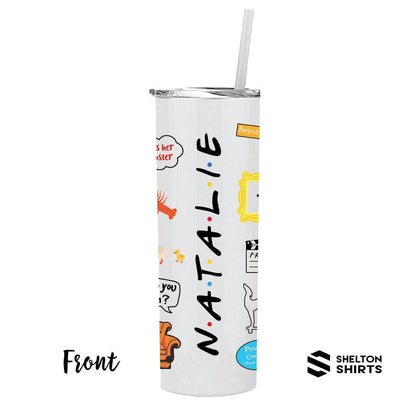 Tumbler with Friends Graphics All Over and Your Name in the F.R.I.E.N.D.S style on the back PERMANENT PRINT - 20 oz Hot Tumbler Candy Wrapper Store