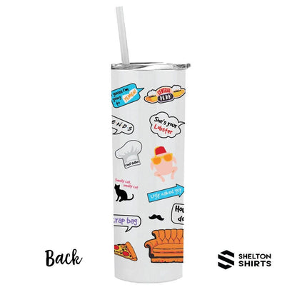 Tumbler with Friends Graphics All Over and Your Name in the F.R.I.E.N.D.S style on the back PERMANENT PRINT - 20 oz Hot Tumbler Candy Wrapper Store