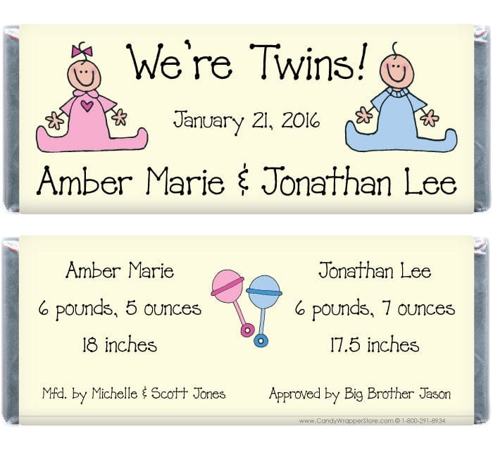 TWINS202 - Twins Birth Announcement Candy Bar Wrappers Twins Candy Bar Wrappers Birth Announcement Candy Wrapper Store