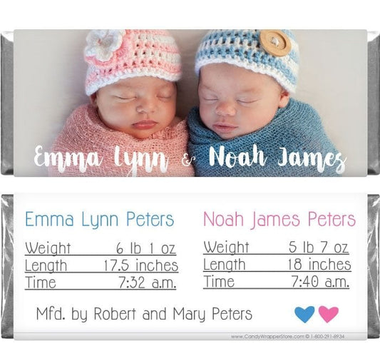 TWINS203 - Two Cute Twins Photo Birth Announcement Candy Bar Wrappers Two Cute Twins Photo Birth Announcement Candy Bar Wrappers Birth Announcement Candy Wrapper Store