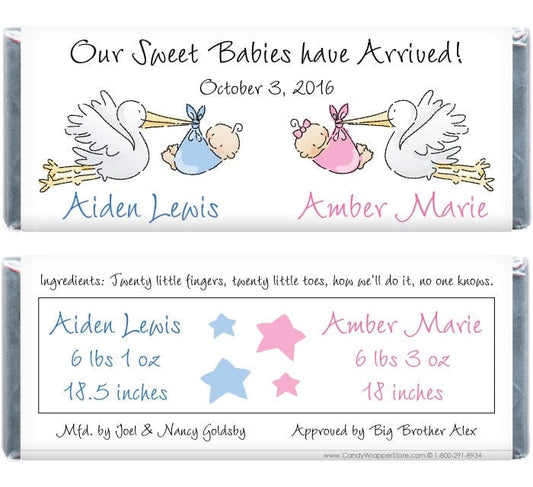 TWINS222 - Twin Storks Birth Announcement Wrapper Twin Storks Birth Announcement Wrapper Birth Announcement Candy Wrapper Store