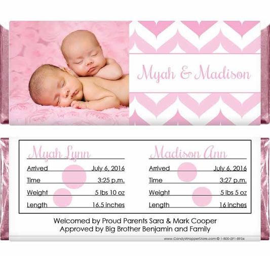 TWINS258girls - Twin Girls Wavy Chevron Birth Announcement Wrapper Twin Girls Wavy Chevron Birth Announcement Wrapper Birth Announcement Candy Wrapper Store