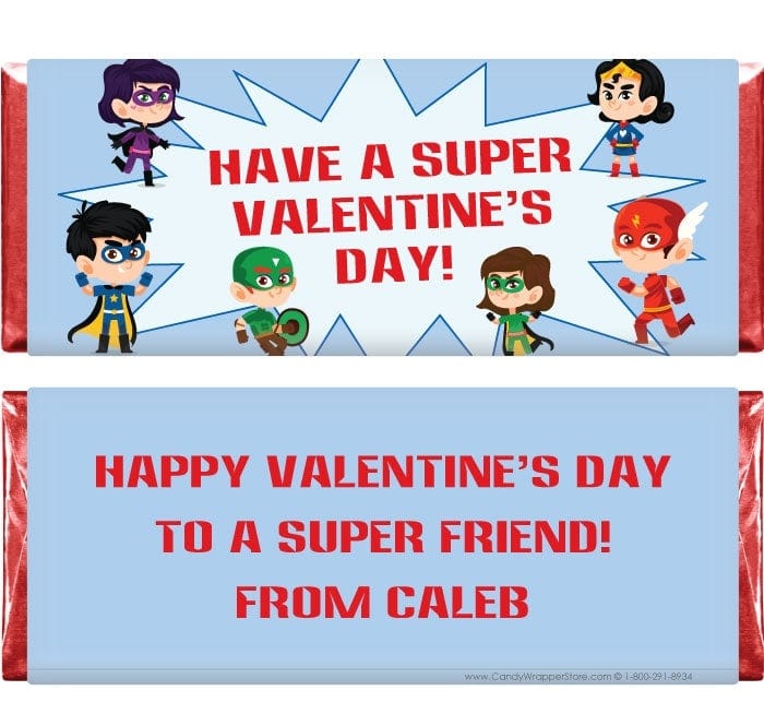 VAL222 - Superhero Valentines Day Candy Bar Wrappers Superhero themed Valentines Day Candy Bar Wrappers Candy Wrapper Store