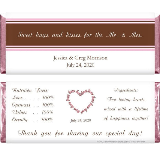 WA214 - Wedding Hugs and Kisses Wrapper Hugs and Kisses personalized candy bar wrapper for 1.55 oz Hershey candy bars. Regular Size Wrapper WA214