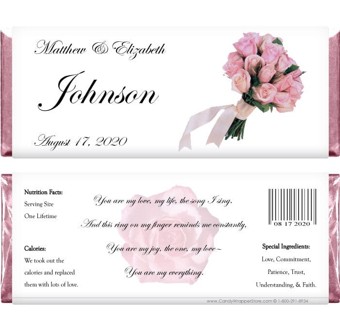 WA235 - Wedding Elegant Pink Roses Candy Bar Wrapper Wedding Elegant Pink Roses Candy Bar Wrapper Regular Size Wrapper WA235
