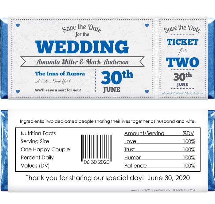 WA267 - Wedding Invitation Ticket Candy Bar Wrapper Wedding Invitation Ticket Candy Bar Wrapper Regular Size Wrapper WA267