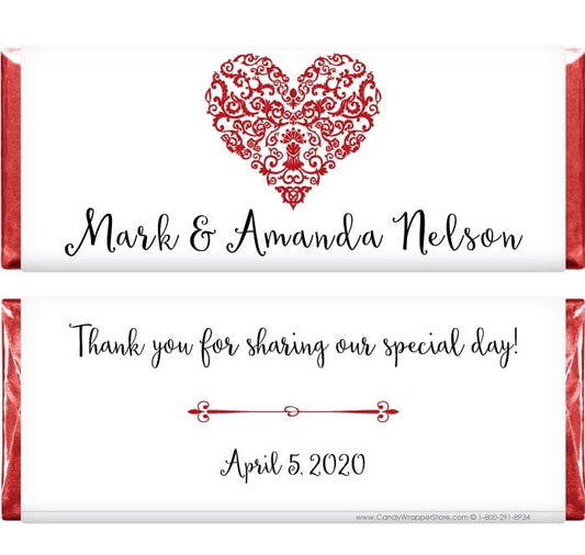 WA273 - Filigree Heart Wedding Candy Bar Wrapper Personalized Filigree Heart Wedding Candy Bar Wrapper Regular Size Wrapper WA273