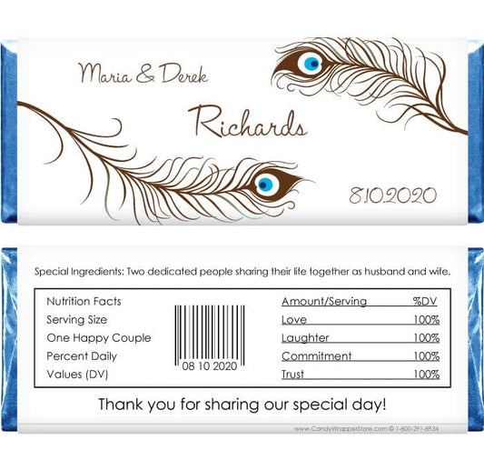 WA275 - Peacock Feathers Wedding Candy Bar Wrapper Peacock Feathers Wedding Candy Bar Wrapper Regular Size Wrapper WA275