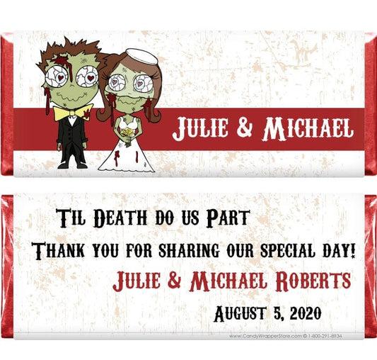 WA310 -Zombie Bride and Groom Wedding Candy Bar Wrapper Zombie Bride and Groom Custom Wedding Themed Candy Bar Wrappers Wedding Favors WA310