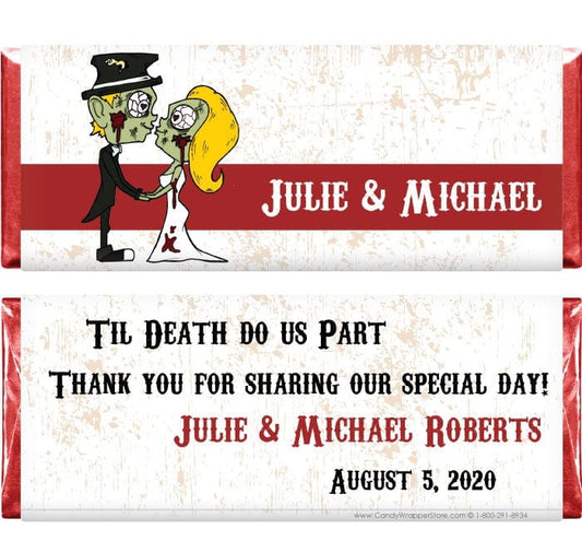 WA311 -Zombie Bride and Groom Wedding Candy Bar Wrapper Zombie Bride and Groom Kissing Hershey's Candy Bar Wrappers Wedding Favors WA310