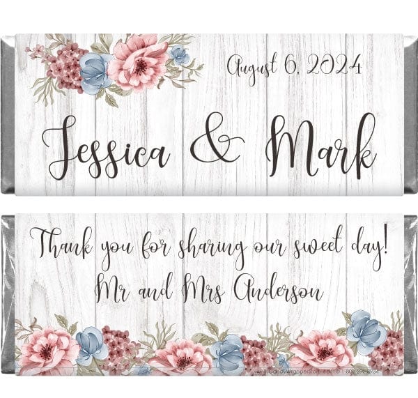 Rustic Woodgrain Blush and Blue Floral Wedding Candy Bar Wrapper ...