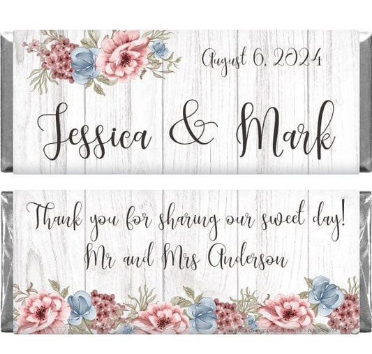 WA374 - Rustic Woodgrain Blush and Blue Floral Wedding Candy Bar Wrapper Rustic Woodgrain Blush and Blue Floral Wedding Candy Bar Wrapper Wedding Favors WA374