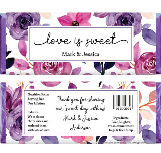 WA442 - Love is Sweet Watercolor Purple Floral Wedding Candy Bar Wrapper Watercolor Purple Floral Wedding Candy Bar Wrapper Wedding Favors WA442