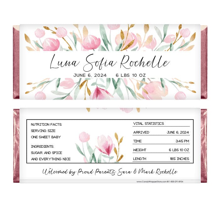 Watercolor Floral Baby Girl Birth Announcement Candy Bar Wrappers - BAG204 Watercolor Floral Baby Girl Birth Announcement Candy Bar Wrappers Birth Announcement BAG204