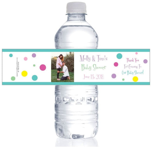WBBS253 - Baby Shower Colorful Dots Photo Water Bottle Label Baby Shower Colorful Dots Photo Water Bottle Label Wedding Favors BS253