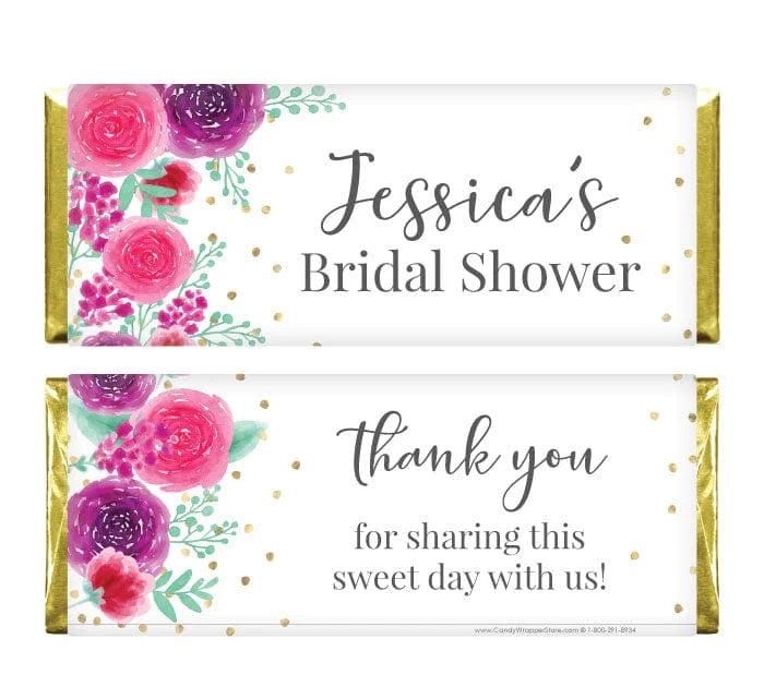 WS233 - Magenta Watercolor Floral Bridal Shower Candy Bar Wrapper Golden Dots Watercolor Bridal Shower Candy Bar Wrapper WS233
