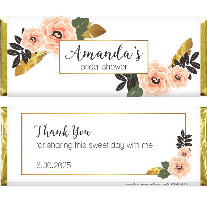 WS399 - Elegant Pink and Gold Flowers and Leaves Bridal Shower Candy Bar Wrapper Elegant Pink and Gold Flowers and Leaves Bridal Shower Candy Bar Wrapper Candy Wrapper Store