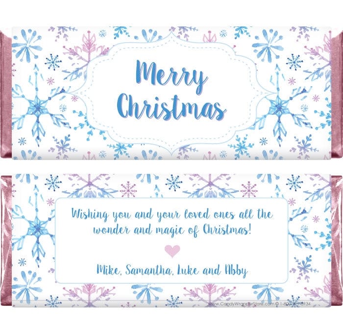XMAS234 - Watercolor Pink and Blue Snowflakes Christmas Wrappers Watercolor Pink and Blue Snowflakes Christmas Wrappers Candy Wrapper Store